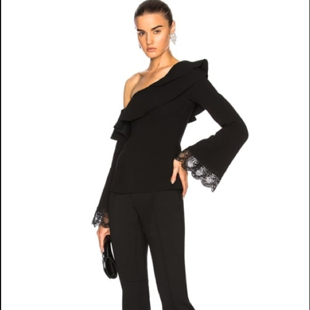 Black One Shoulder Ruffle Lace Trim Bell Sleeve Blouse Top - Picture 4 of 11